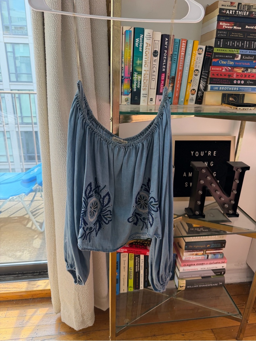 Chloe & Katie Blue Off-Shoulder Embroidered Peasant Top